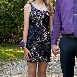 Black homecoming dress with purple flowers. Primavera brand. Size 00. Worn once.